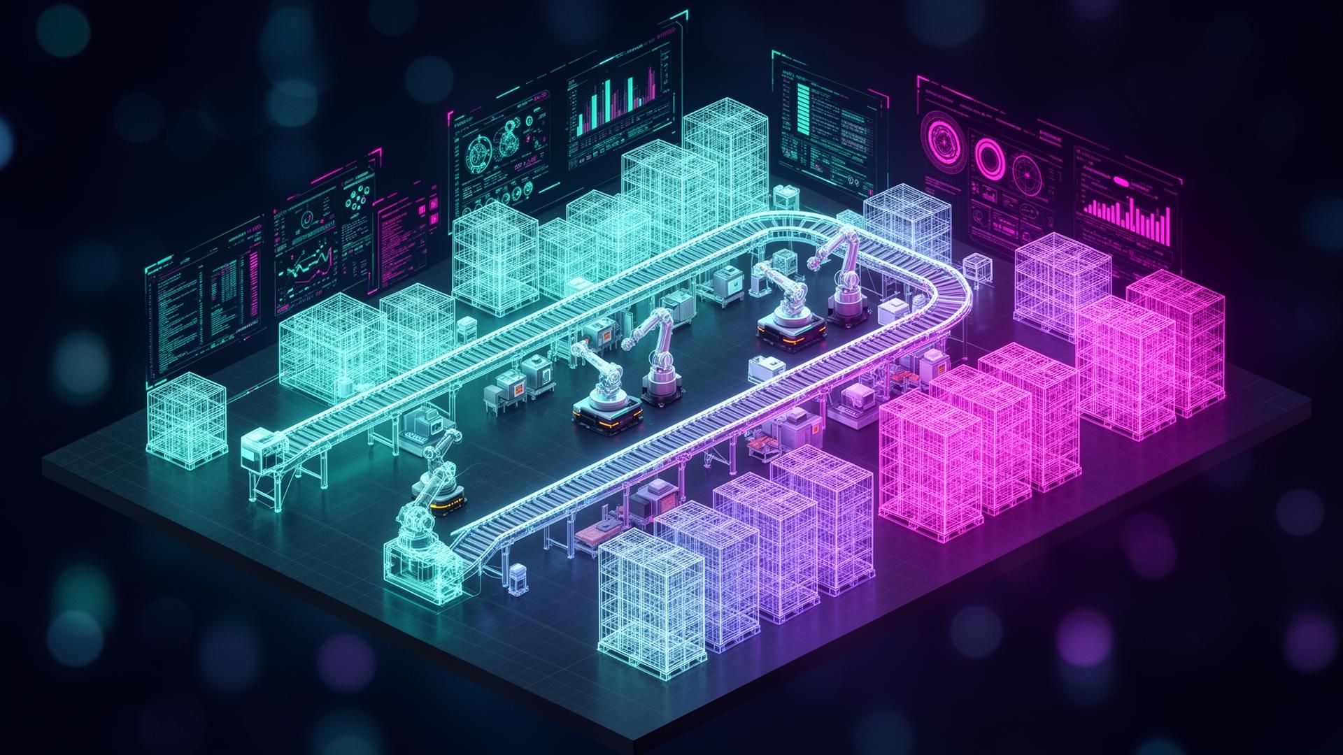Isometric digital twin of a production and warehouse line with live analytics overlays