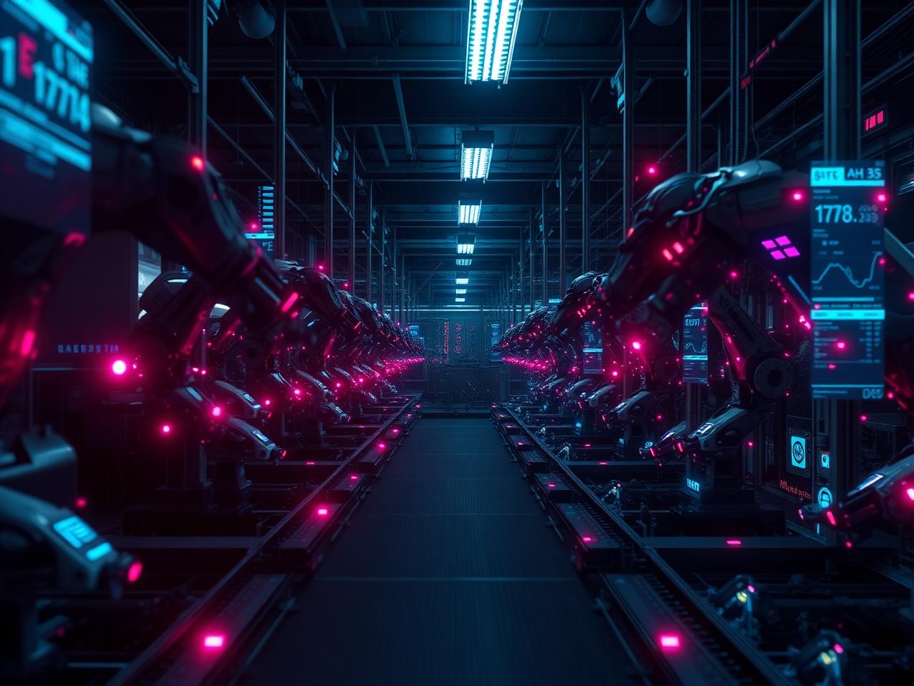 Robotic assembly line with illuminated automation and live monitoring displays