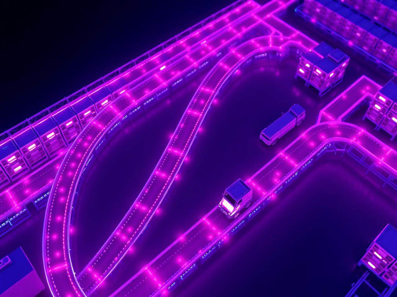 Automated warehouse with autonomous vehicles moving along illuminated routing lanes